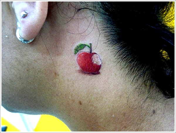 Wonderful 3D Red Apple Tattoo On Women Left Side Neck