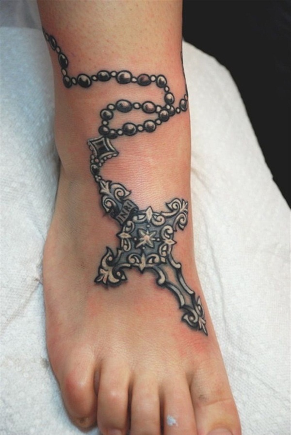 Wonderful Black And Grey Rosary Cross Tattoo On Right Foot