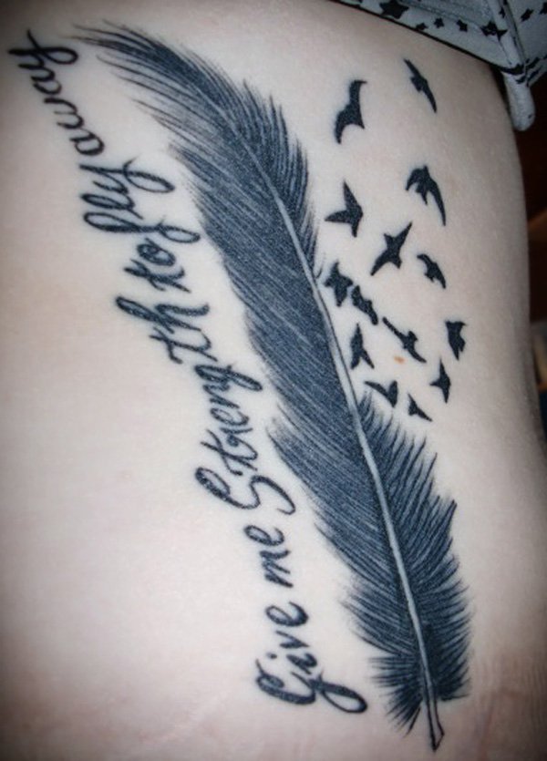 Wonderful Black Ink Feather With Flying Birds Tattoo Design For Back