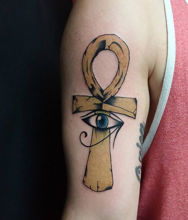 Wonderful Horus Eye With Ankh Tattoo On Right Half Sleeve