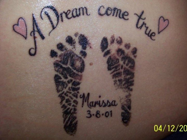 A Dream Come True - Black Ink Footprints Tattoo On Right Back Shoulder