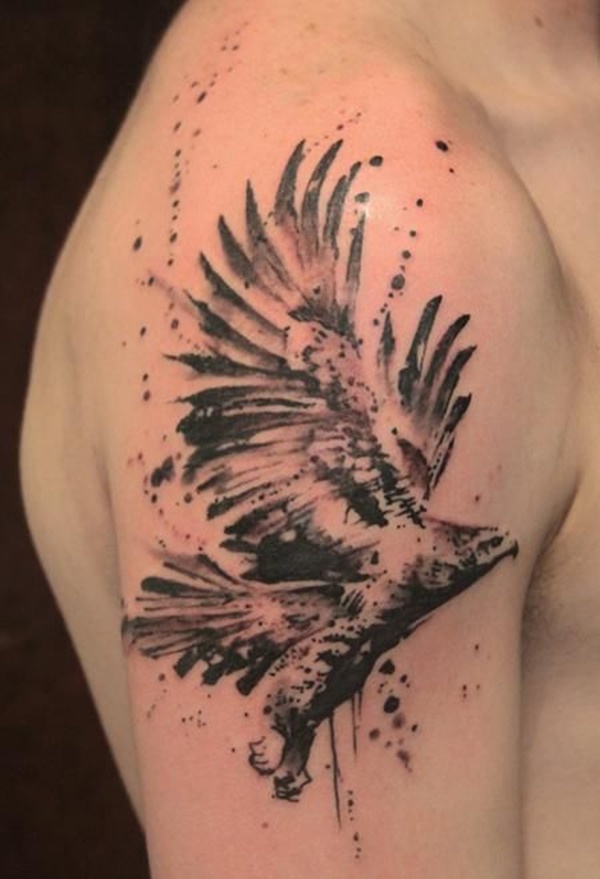 Abstract Black Ink Flying Hawk Tattoo On Man Right Shoulder By Gene Coffey
