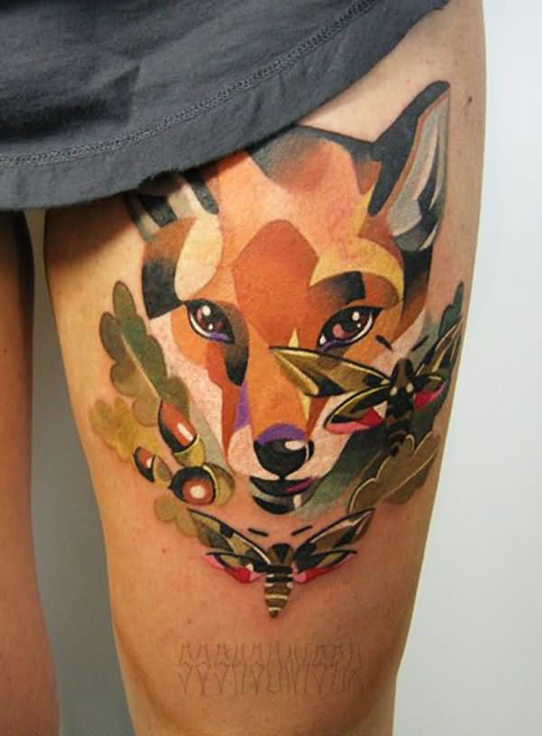 Abstract Fox Head Tattoo On Left Thigh