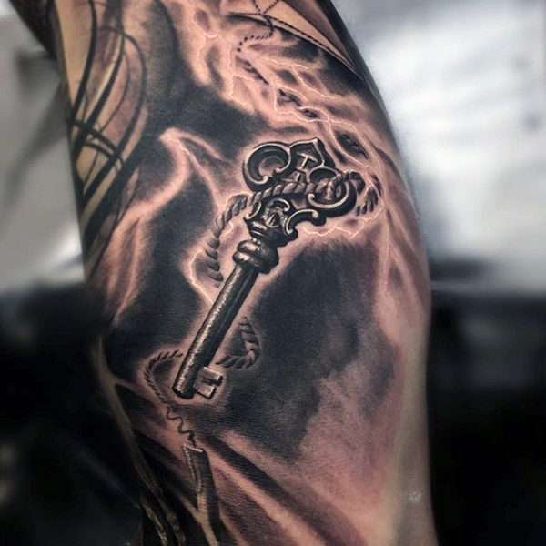 Amazing Black Ink Key Tattoo Design For Sleeve