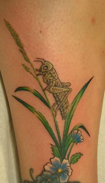 Amazing Grasshopper On Flowers Tattoo Design For Sleeve