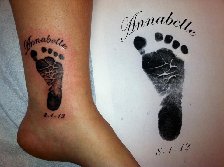 Annabella - Memorial Black Ink Foot Print Tattoo On Right Ankle