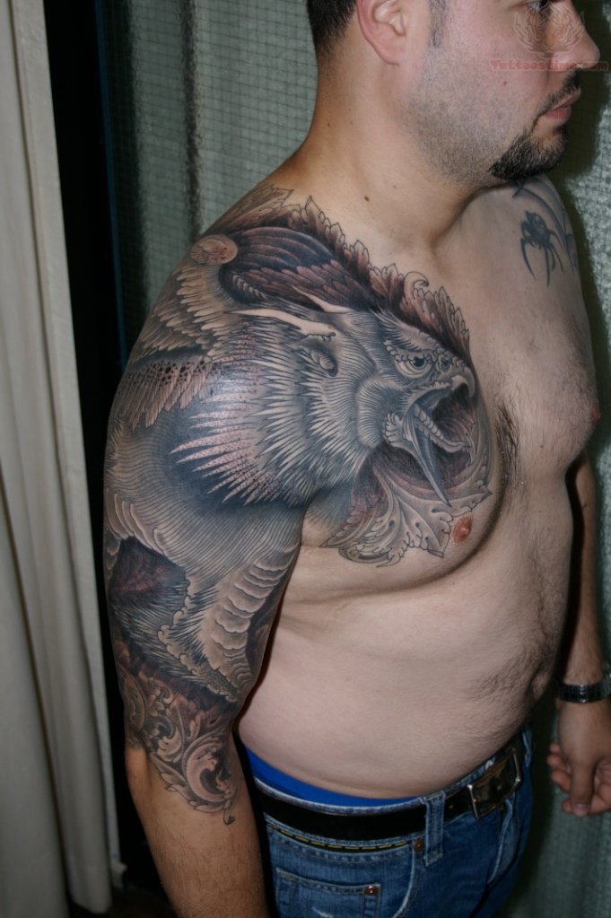 Attractive Black Ink Flying Griffin Tattoo On Man Right Half Sleeve