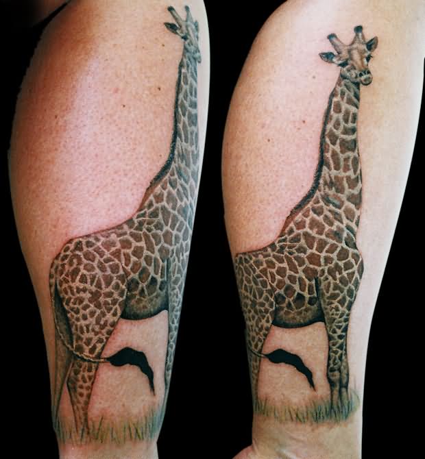 Attractive Black Ink Giraffe Tattoo Design For Leg