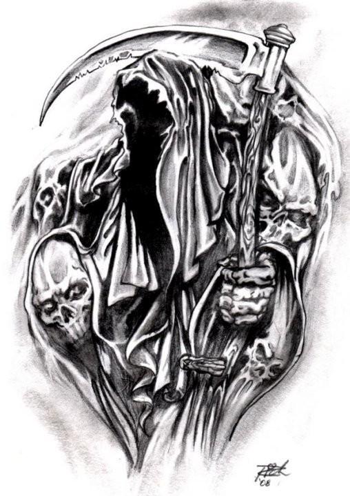 Attractive Black Ink Grim Reaper Tattoo Design