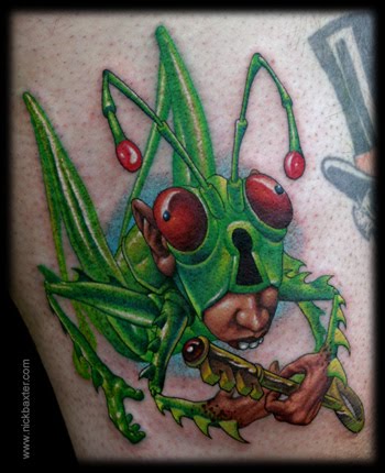 Attractive Colorful Grasshopper Tattoo Design