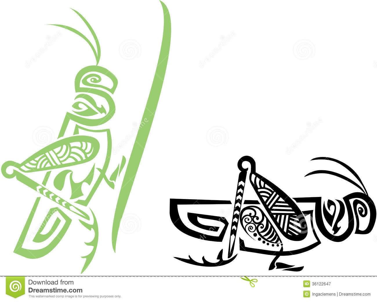 Attractive Green And Black Outline Two Grasshopper Tattoo Design
