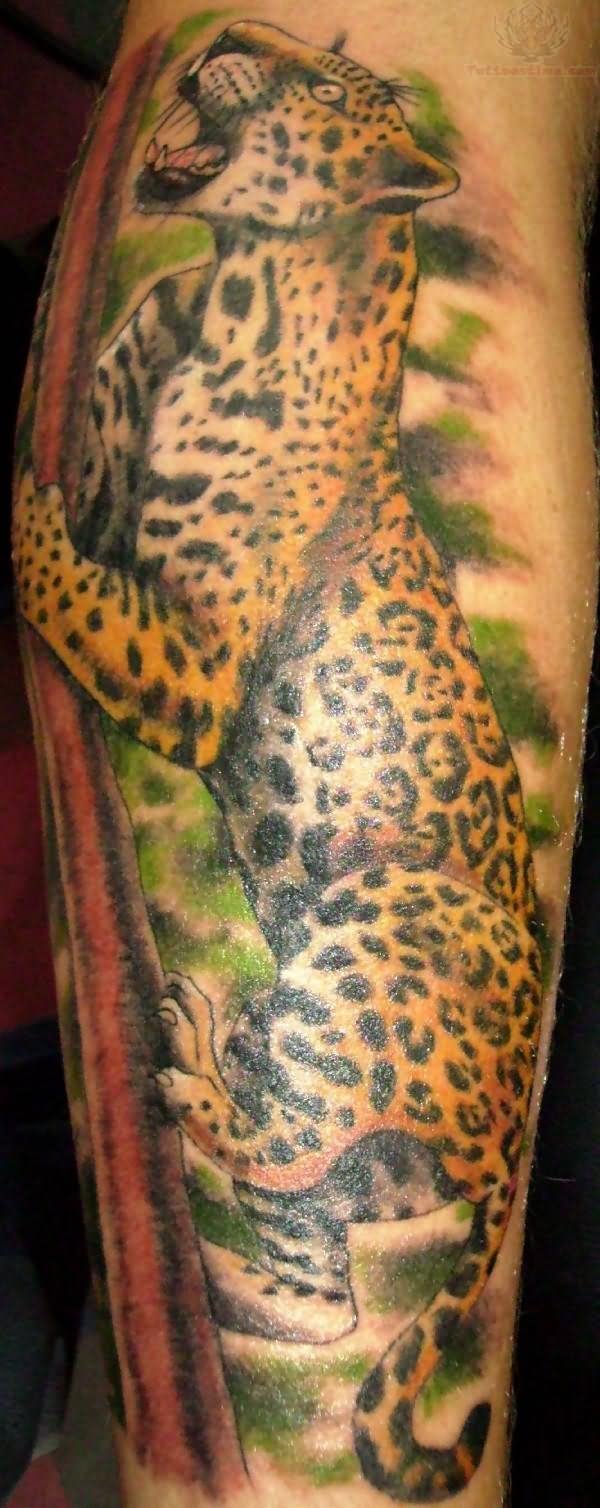 Attractive Jaguar Head Tattoo Design For Leg