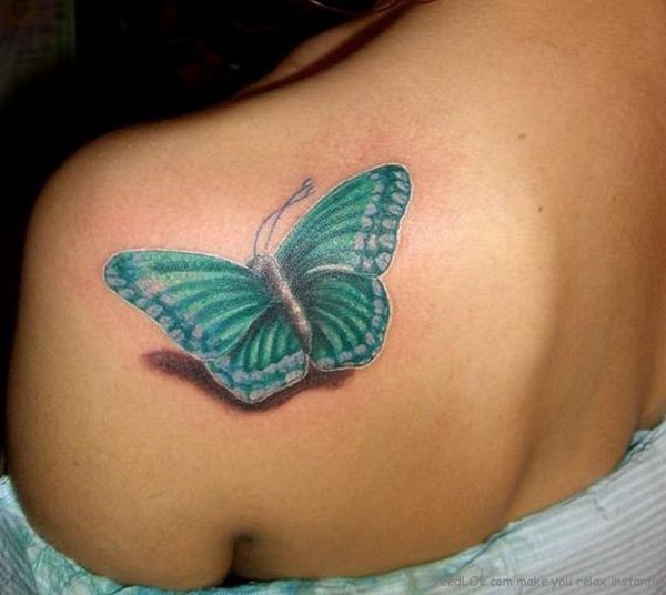 Awesome 3D Butterfly Tattoo On Girl Left Back Shoulder