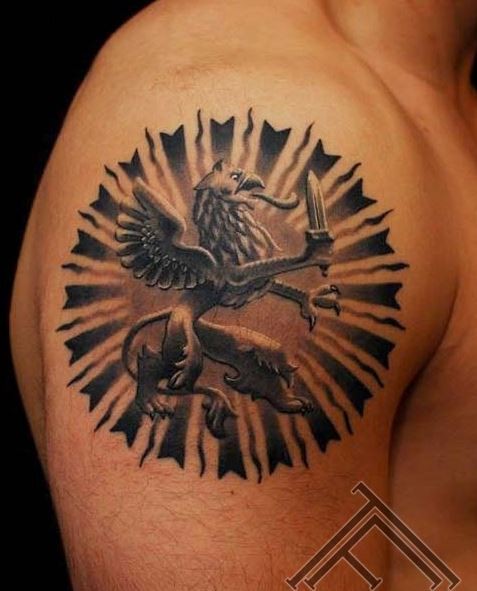 Awesome Black And Grey Griffin Tattoo On Man Right Shoulder