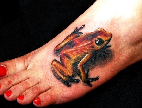 Awesome Black Ink 3D Frog Tattoo On Girl Left Foot