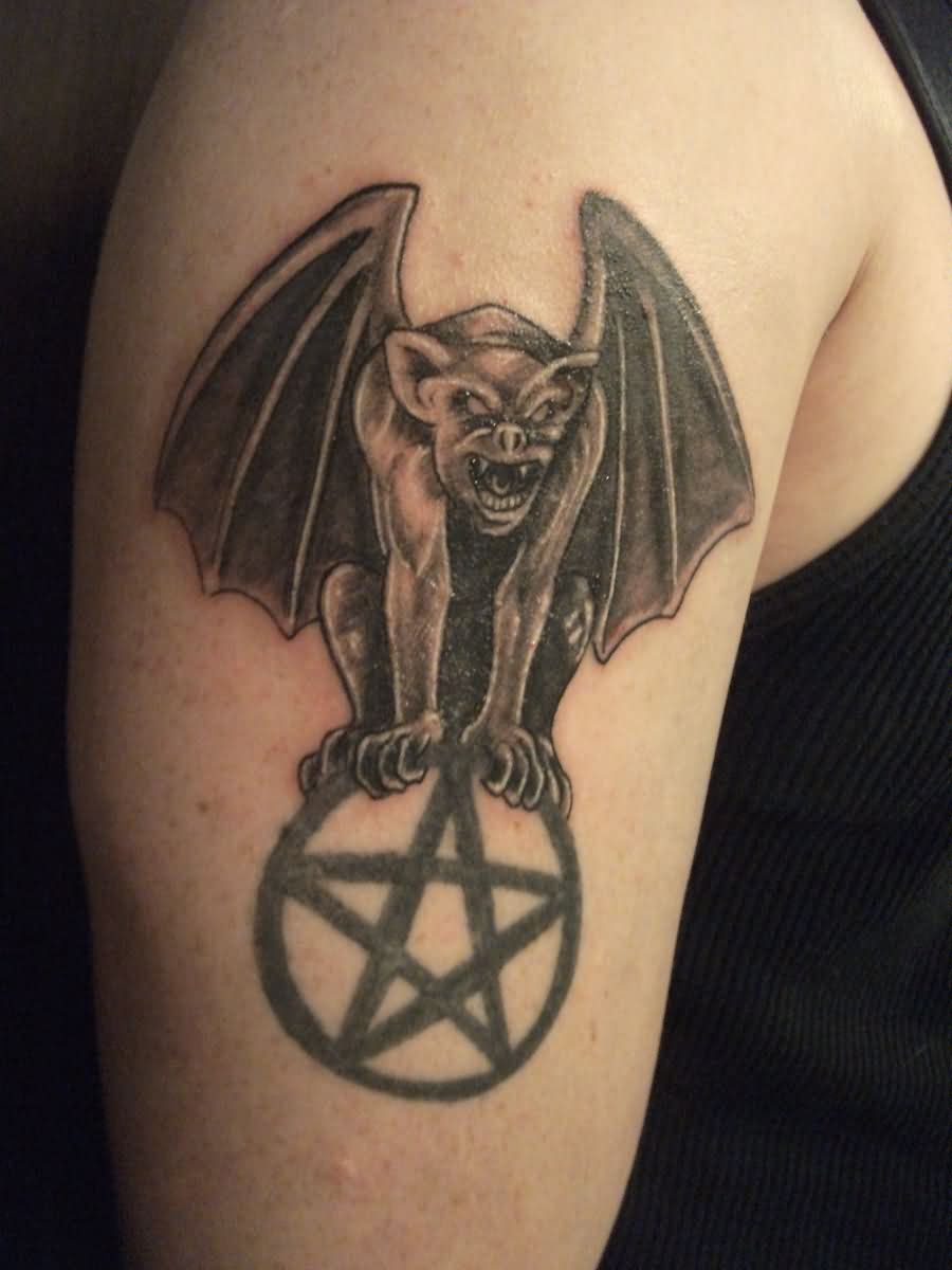 Awesome Black Ink Gargoyle Tattoo On Right Half Sleeve