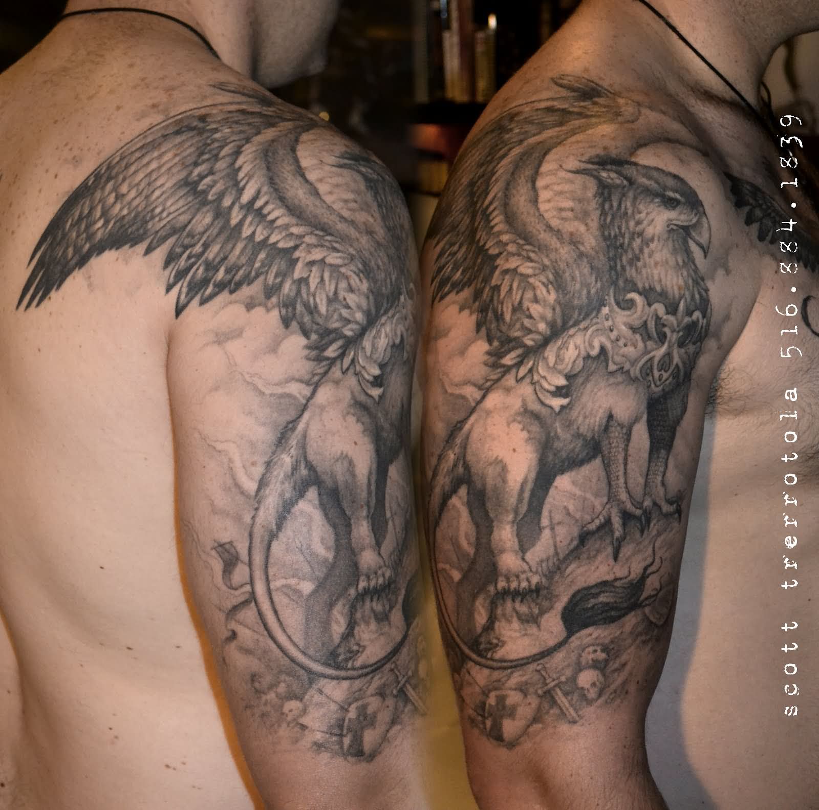 Awesome Black Ink Griffin Tattoo On Man Right Half Sleeve