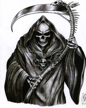 Awesome Black Ink Grim Reaper Tattoo Design