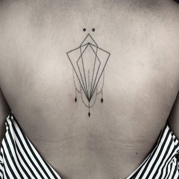 Awesome Black Outline Geometric Tattoo On Upper Back By Okan UcKun