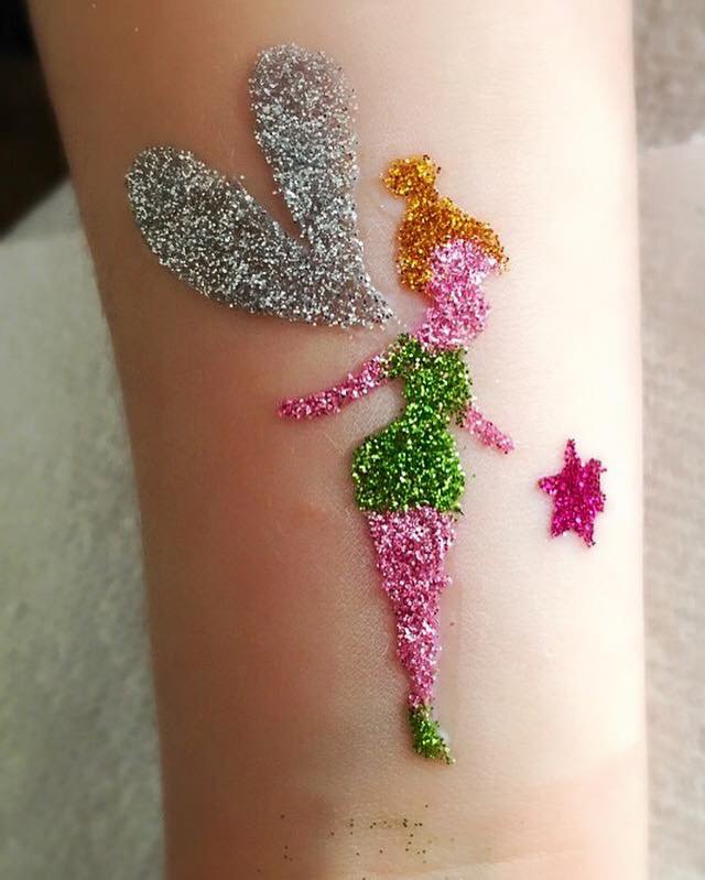 Awesome Colorful Glitter Fairy With Star Tattoo Design For Forearm