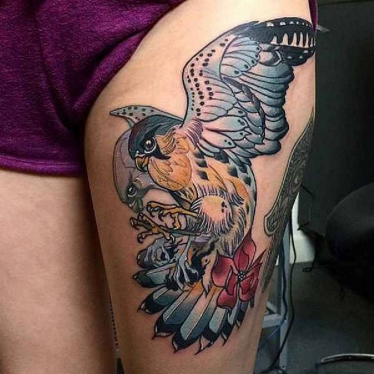 Awesome Flying Hawk Tattoo On Left Thigh