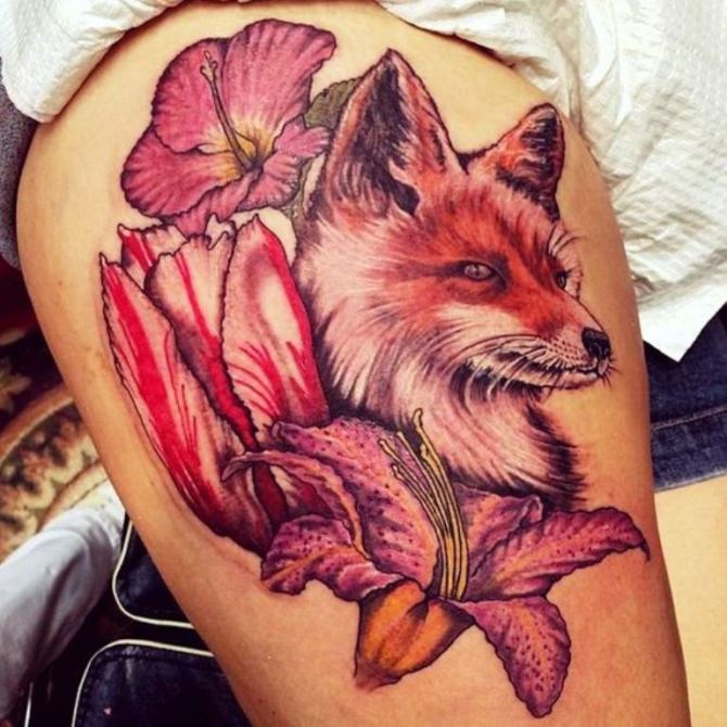 Awesome Fox Head With Flowers Tattoo On Right Thigh