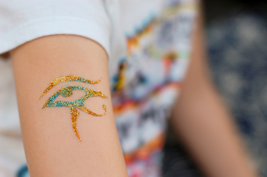 Awesome Glitter Eye Of Horus Tattoo On Right Half Sleeve