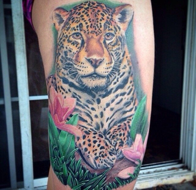 Awesome Jaguar With Flowers Tattoo Design For Sleeve