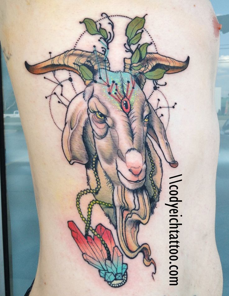 Awesome Traditional Goat Head Tattoo On Man Right Side Rib