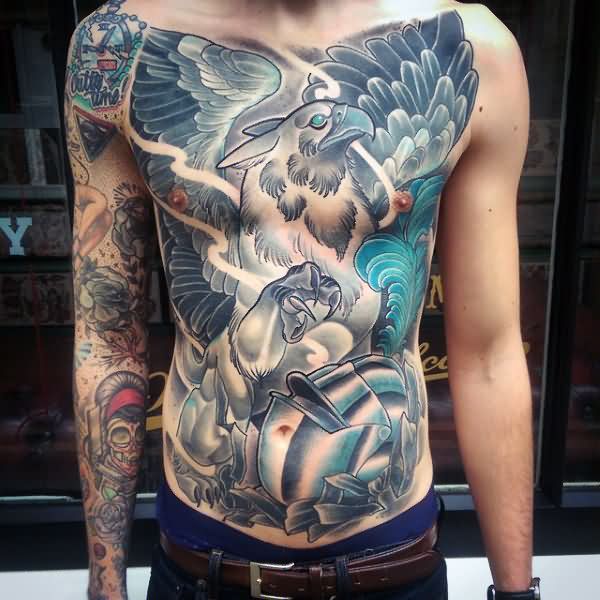 Awesome Traditional Griffin Tattoo On Man Stomach