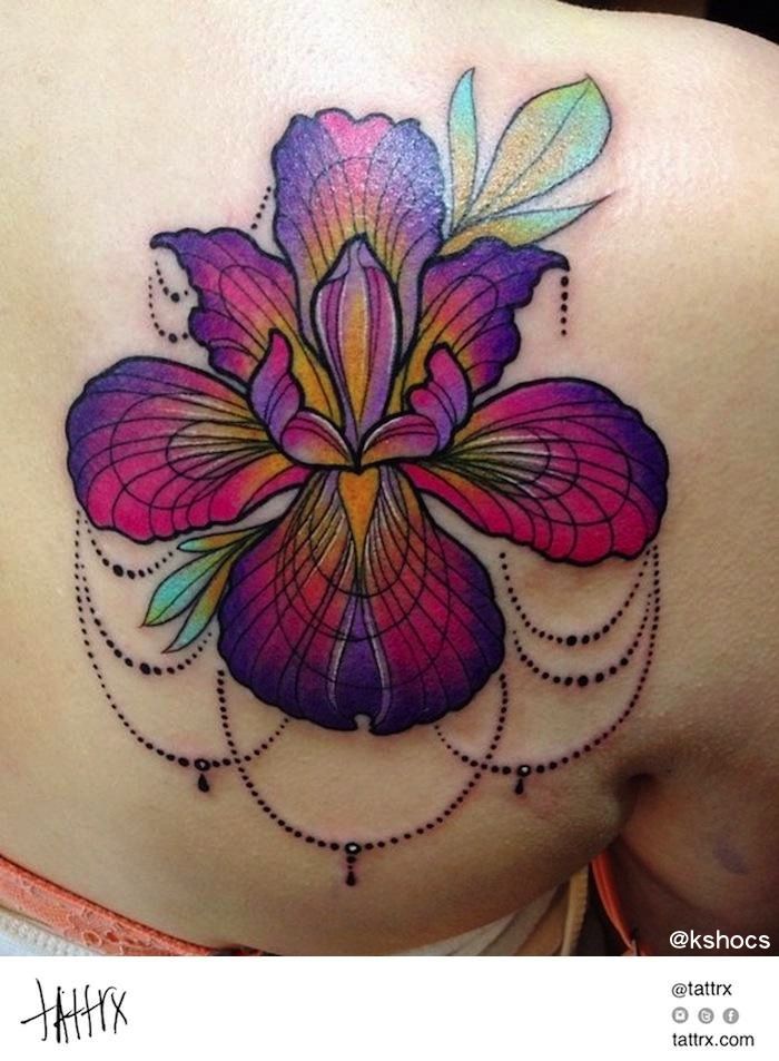 Awesome Traditional Iris Flower Tattoo On Right Back Shoulder