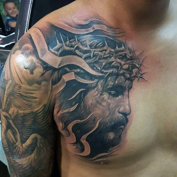 Black And Grey 3D Jesus Head Tattoo On Man Right Chest