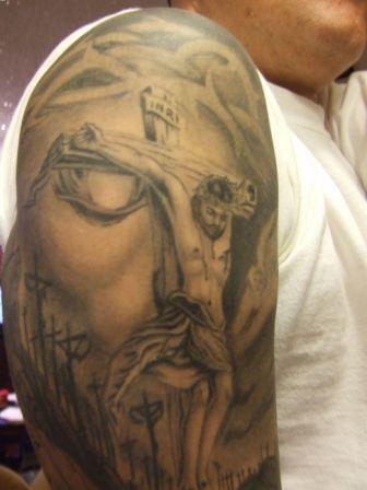 Black And Grey 3D Jesus On Cross Tattoo On Man Right Half Sleeve