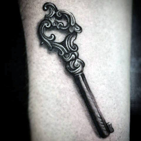 Black And Grey 3D Key Tattoo Design For Sleeve