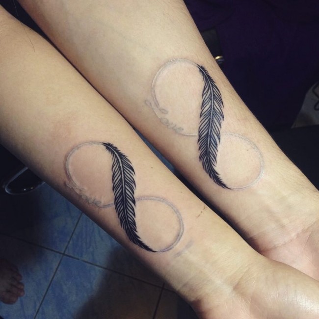 Black And Grey Feather With Infinity Tattoo On Couple Forearm