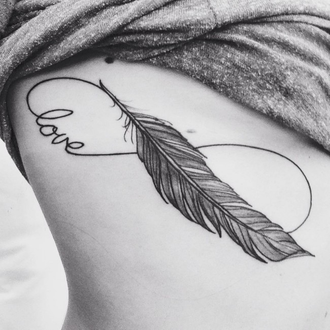 Black And Grey Feather With Infinity Tattoo On Right Side Rib