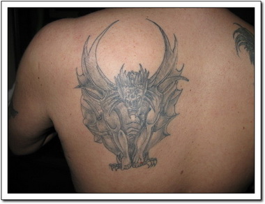 Black And Grey Gargoyle Tattoo On Left Back Shoulder