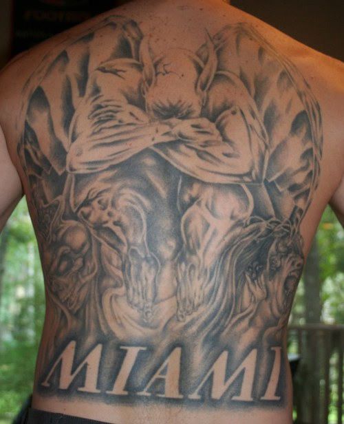 Black And Grey Gargoyle Tattoo On Man Full Back