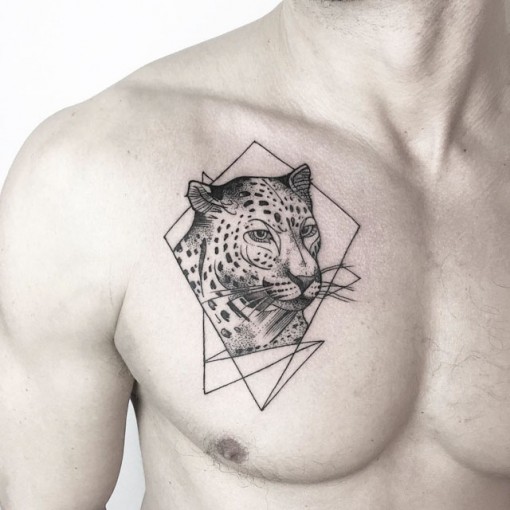 Black And Grey Geometric Jaguar Head Tattoo On Man Right Chest
