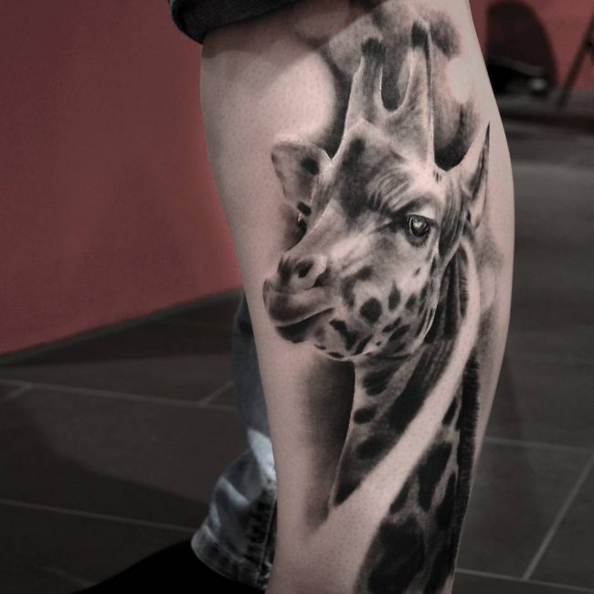 Black And Grey Giraffe Head Tattoo Design For Leg Calf