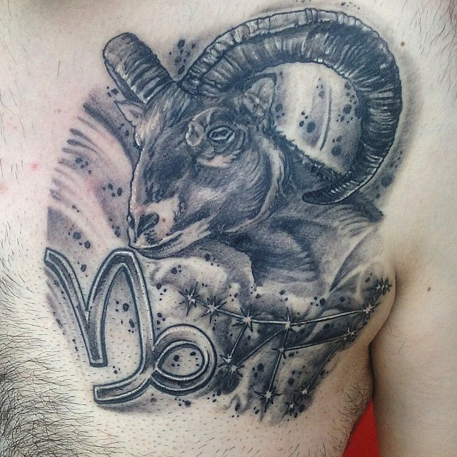 Black And Grey Goat Tattoo On Man Left Front Shoulder