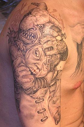 Black And Grey Goblin Tattoo On Right Half Sleeve