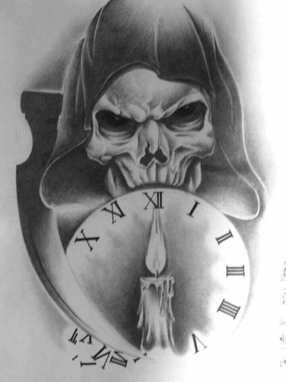 Black And Grey Grim Reaper Skull With Clock Tattoo Design