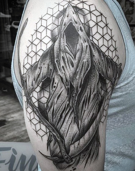 Black And Grey Grim Reaper Tattoo On Right Half Sleeve