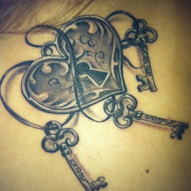 Black And Grey Heart Shape Lock With Keys Tattoo Design