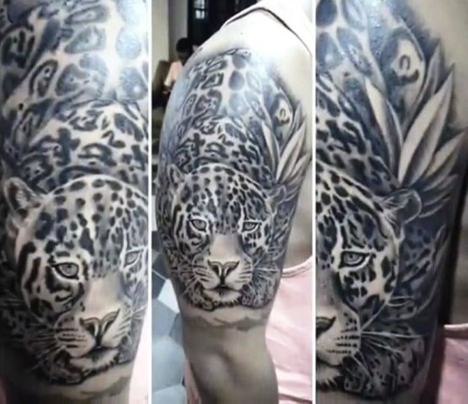 Black And Grey Jaguar Head Tattoo On Man Right Half Sleeve