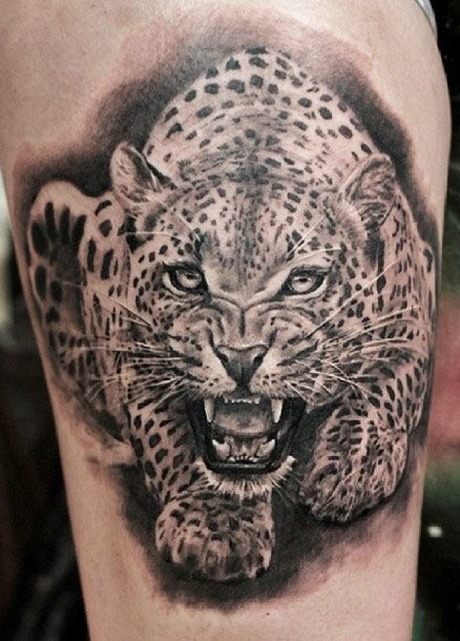 Black And Grey Jaguar Tattoo Design For Thigh By Led Coult