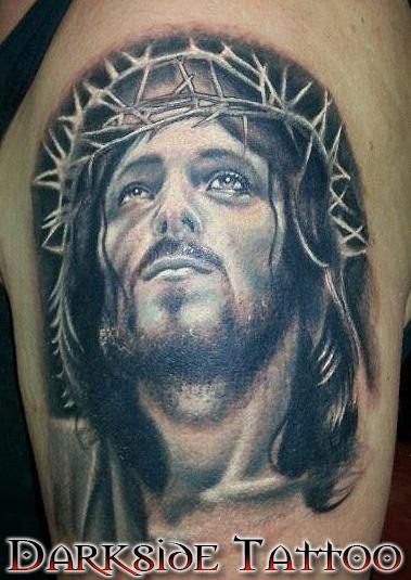 Black And Grey Jesus Head Tattoo Design For Shoulder