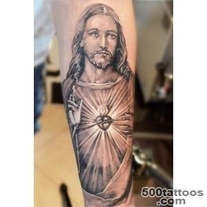 Black And Grey Jesus Tattoo On Forearm