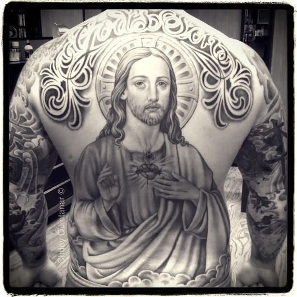 Black And Grey Jesus Tattoo On Man Full Back